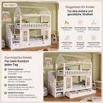 House Bunk Bed 90x200cm with Storage & Drawers, White & Natural