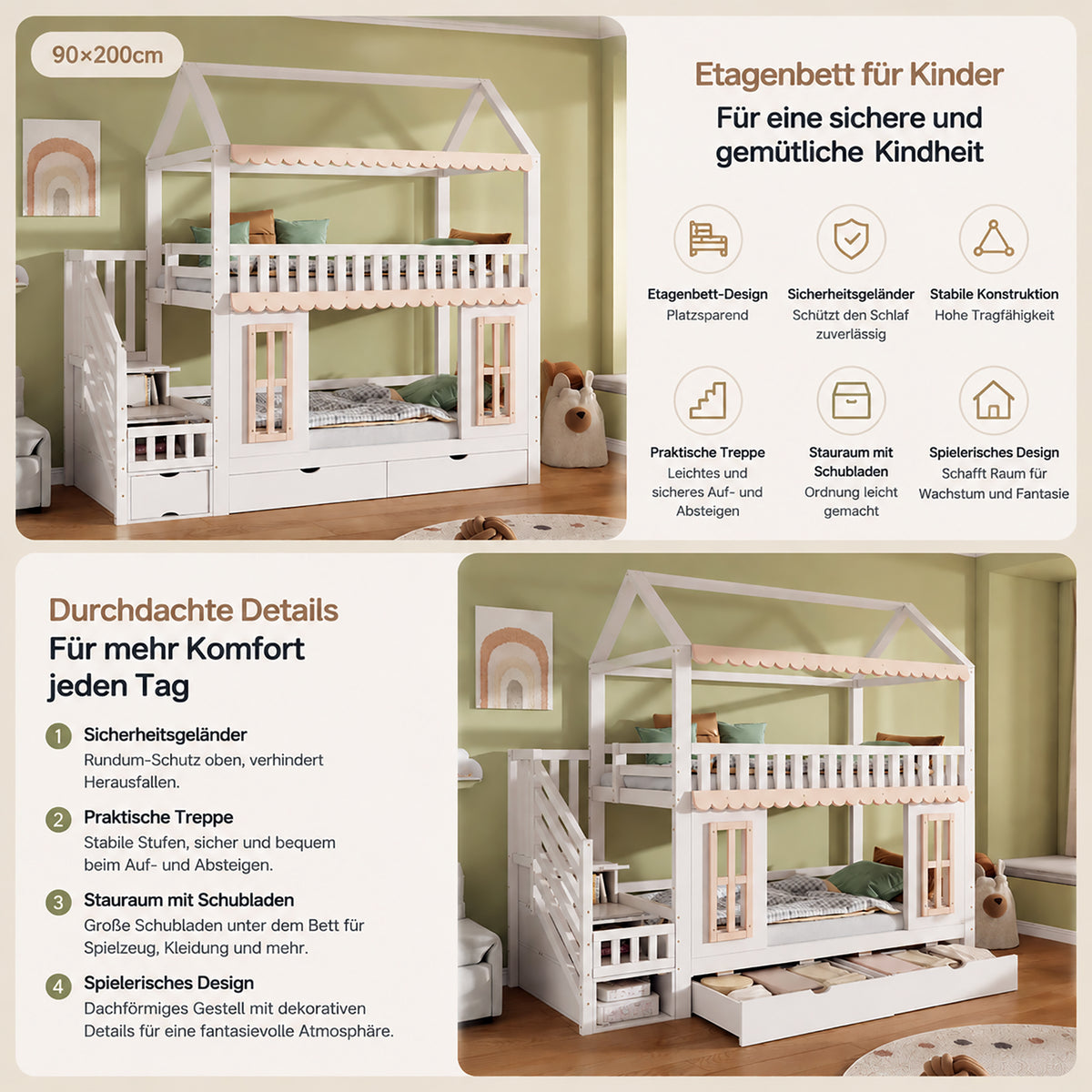 House Bunk Bed 90x200cm with Storage & Drawers, White & Natural