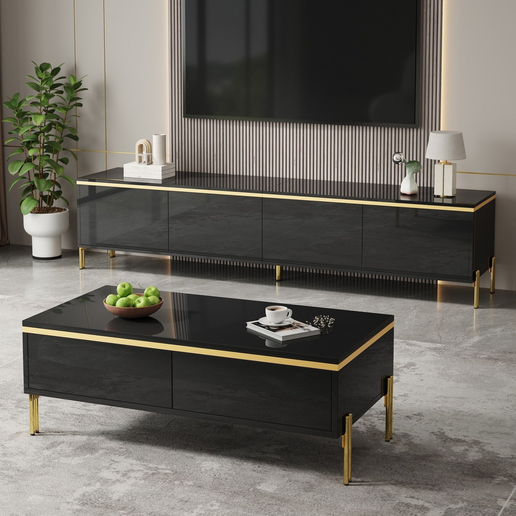 Modern Luxury TV Cabinet & Coffee Table Set - High-Gloss Gold Edges Storage