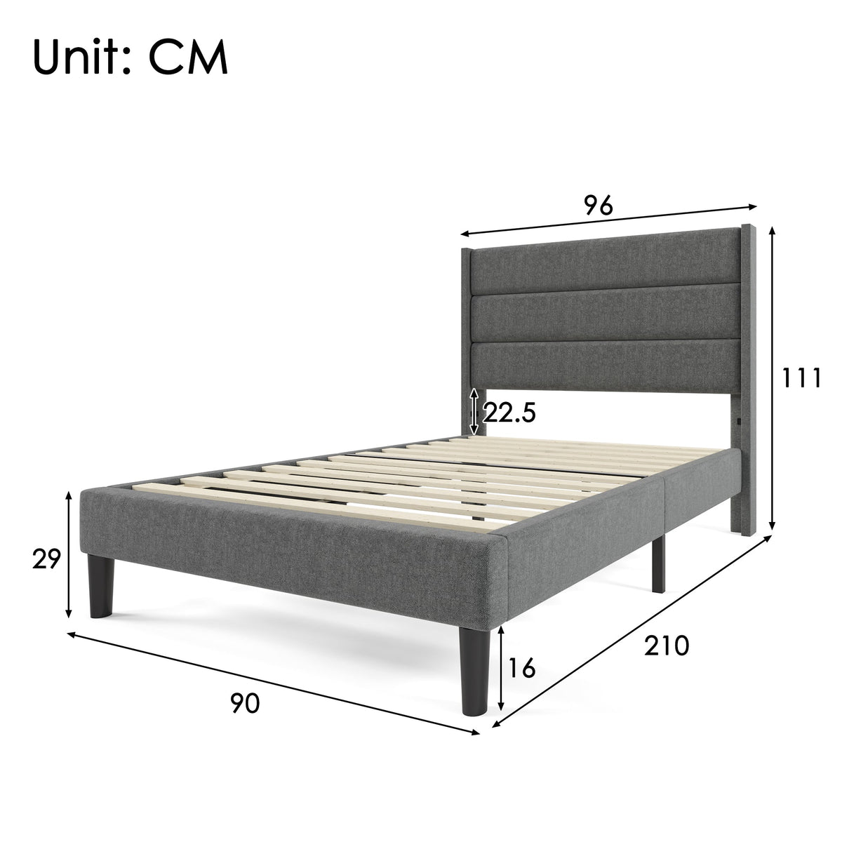 Upholstered Bed: Slatted Frame & Headboard, 90x200cm, Grey Linen