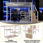 Loft Bed 140x200cm with Ladder Cabinet & LED, White Metal