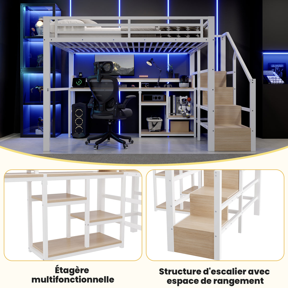 Loft Bed 140x200cm with Ladder Cabinet & LED, White Metal