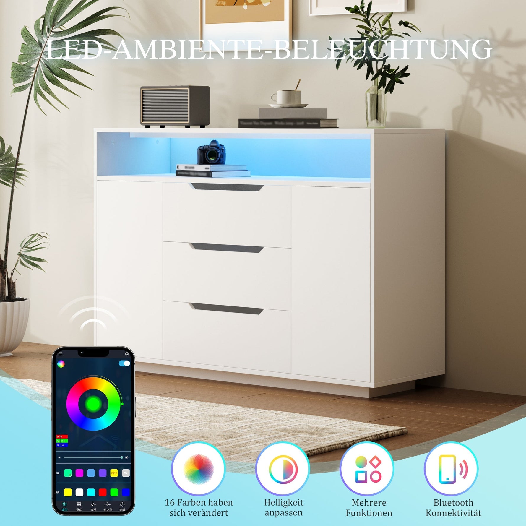Multi-functional Cabinet with Open Shelving, Three Drawers and Side Doors, Matte White
