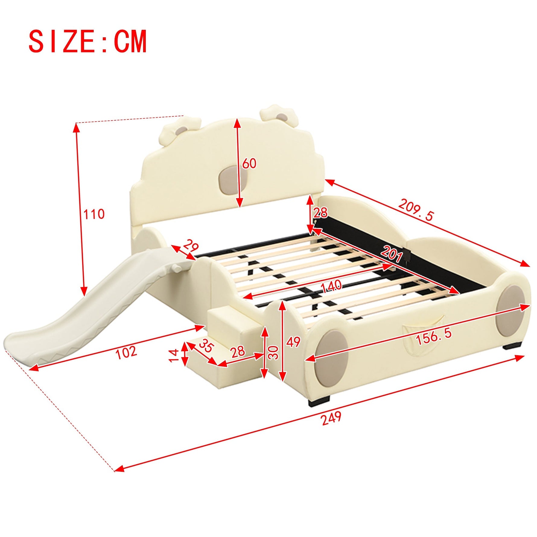 Bear Cartoon Bed for Children with Slide and Ladder, 140x200cm, Beige PU Leather