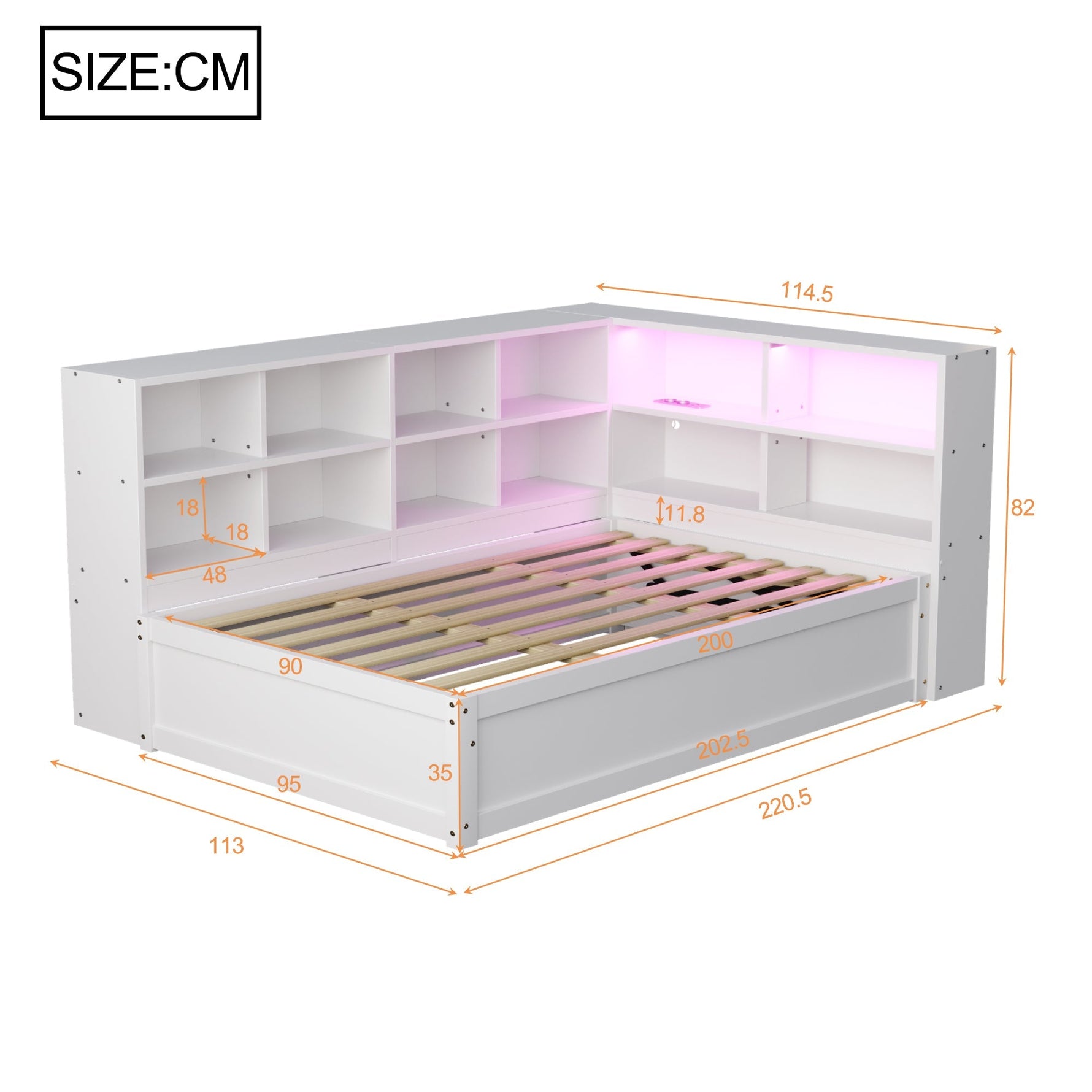 Sofa Bed, 90x200 Multifunctional with Sockets, Storage, Light Bar, Hydraulic, Solid Wood, White