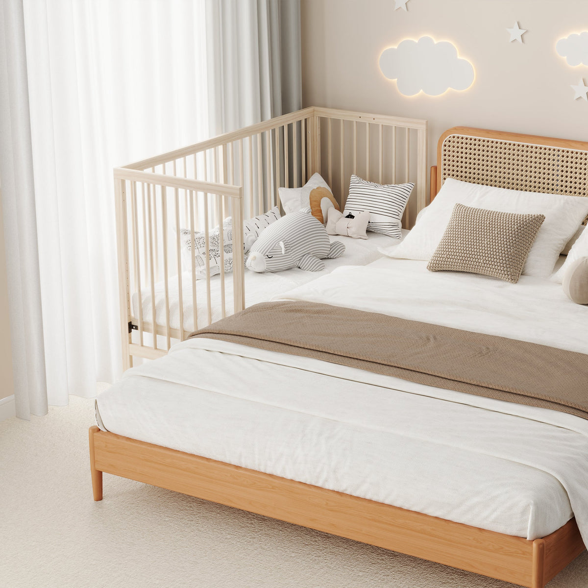 Wooden Baby Bed 140x60cm Multifunctional Convertible Side Bed Desk Height-Adjustable Spruce Natural