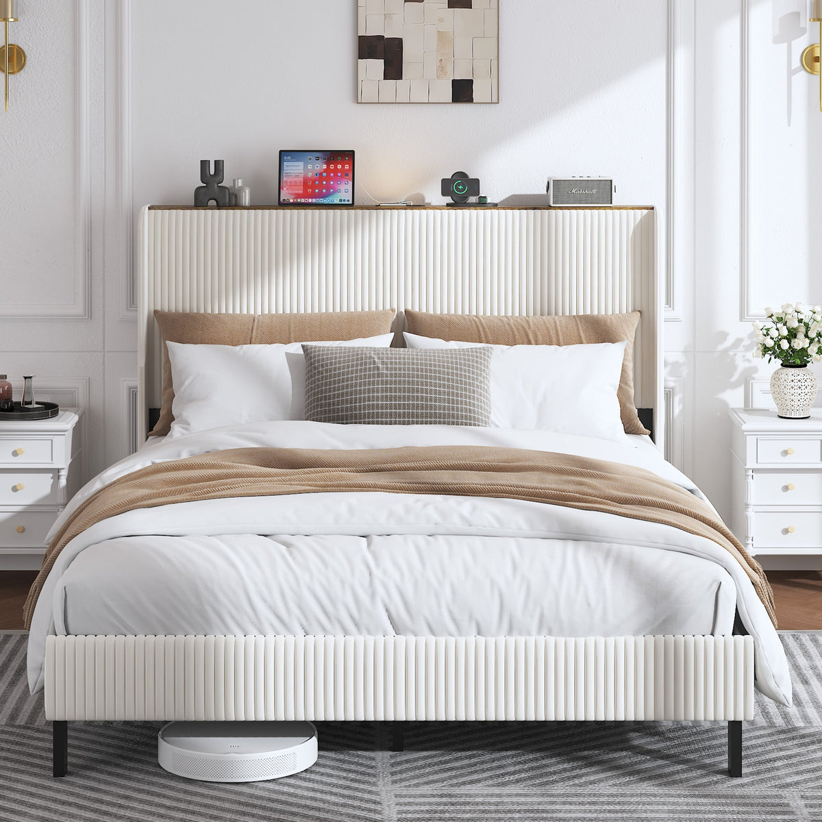 Bed Frame 160x200 Upholstered Platform Wing Edge Design Metal Slats Fabric
