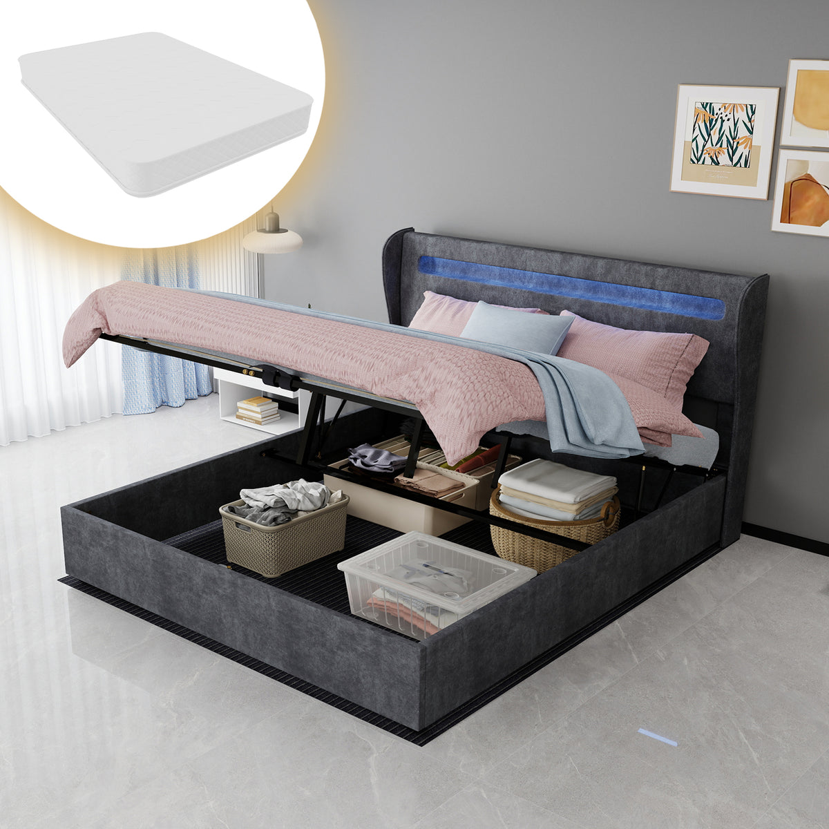 Upholstered Bed 160x200cm with LED Headboard & Storage, Grey