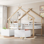 Children's Mid-Sleeper House Bed with Stairs, Storage Lockers, 90x200cm, Pine+MDF White/Natural