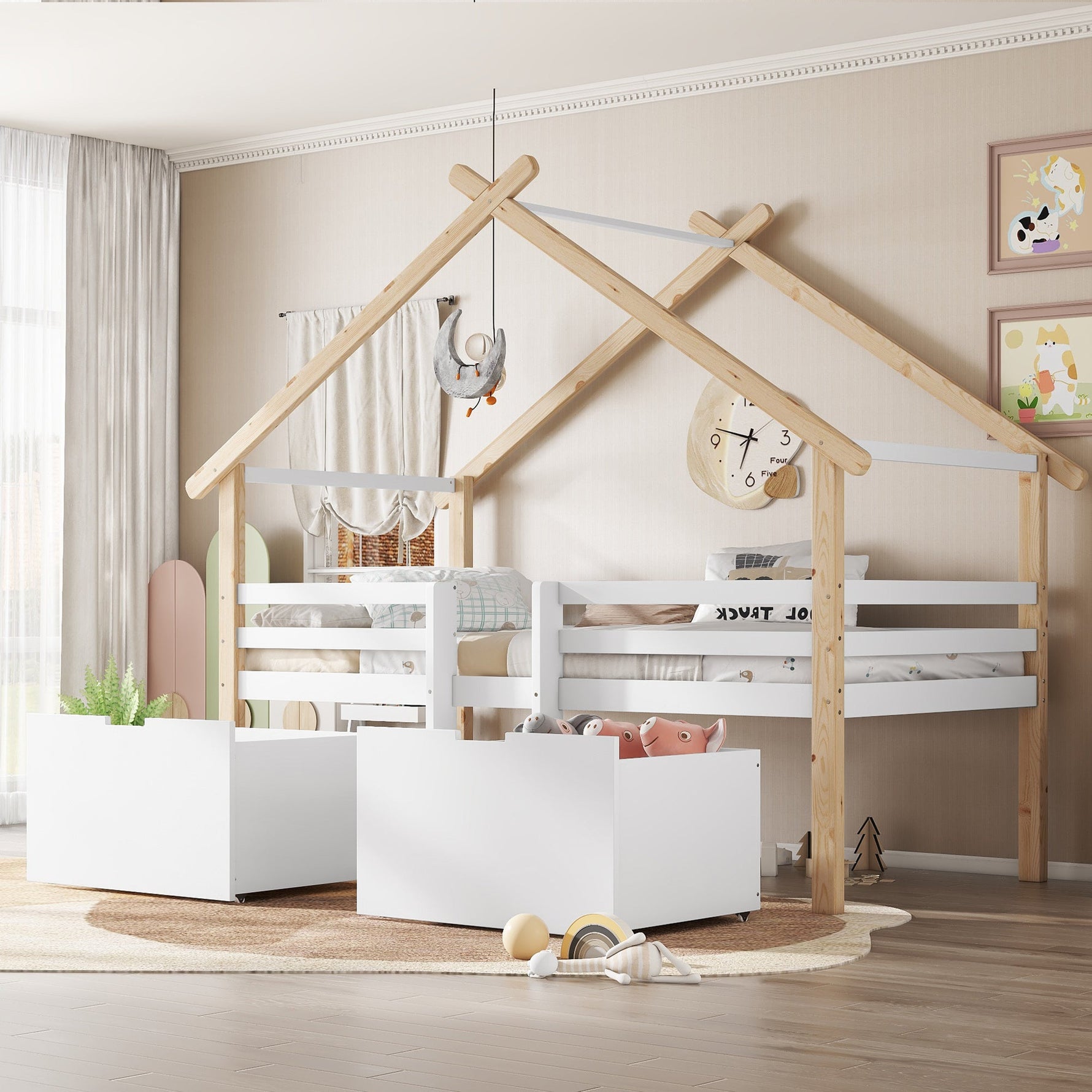 Children's Mid-Sleeper House Bed with Stairs, Storage Lockers, 90x200cm, Pine+MDF White/Natural