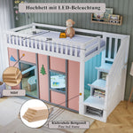 Children's Loft Bed 90x200 cm with Storage Stairs in White & Pink
