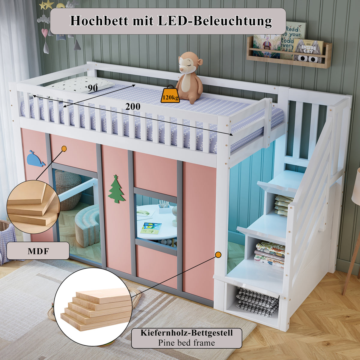 Children's Loft Bed 90x200 cm with Storage Stairs in White & Pink