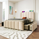 Upholstered Single Bed with USB-C Charging, 4 Drawers, Beige Linen