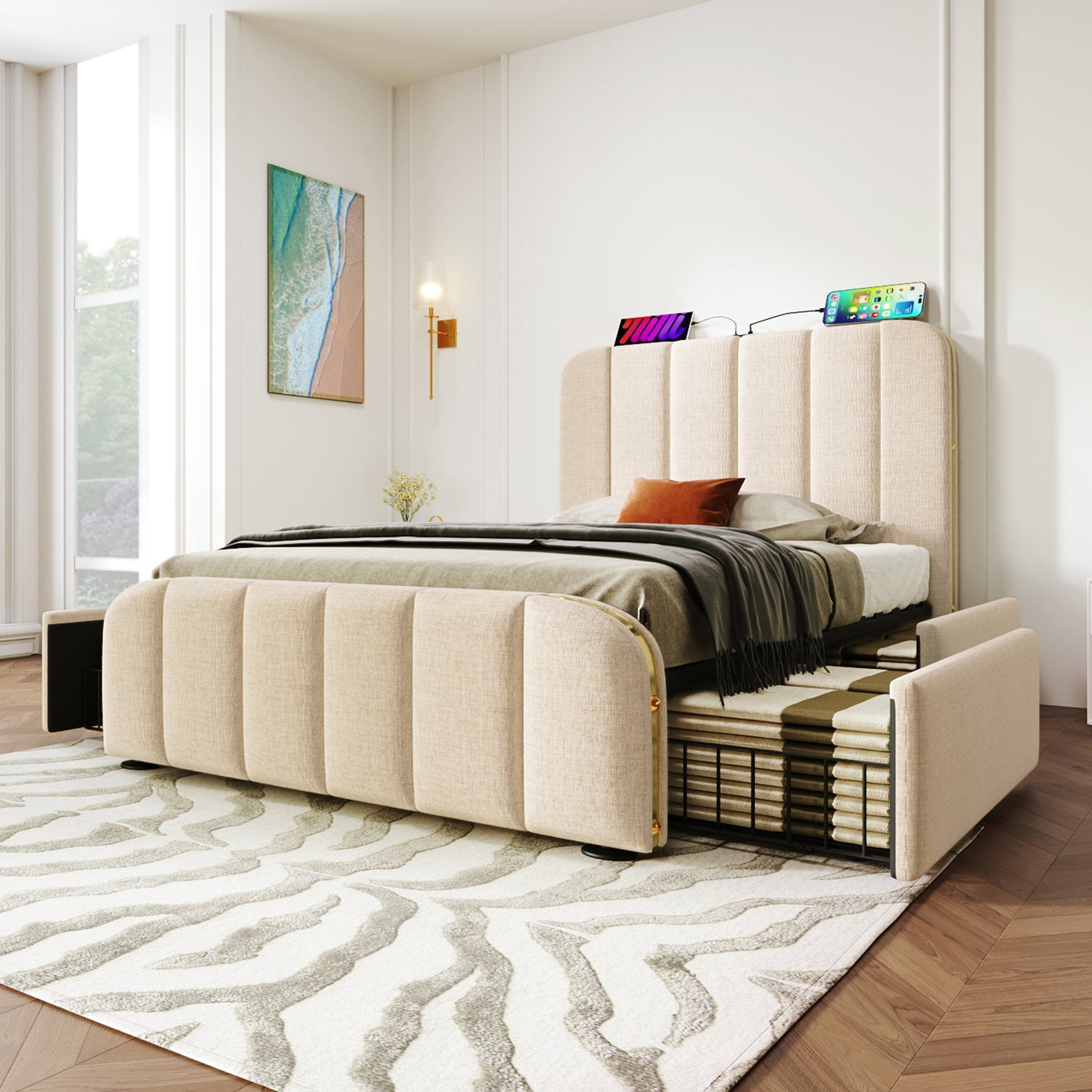 Upholstered Single Bed with USB-C Charging, 4 Drawers, Beige Linen