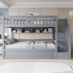 Wooden Bed 90x200cm Hydraulic Storage Stairs Shelves Loft Bunk Youth Bed, Grey