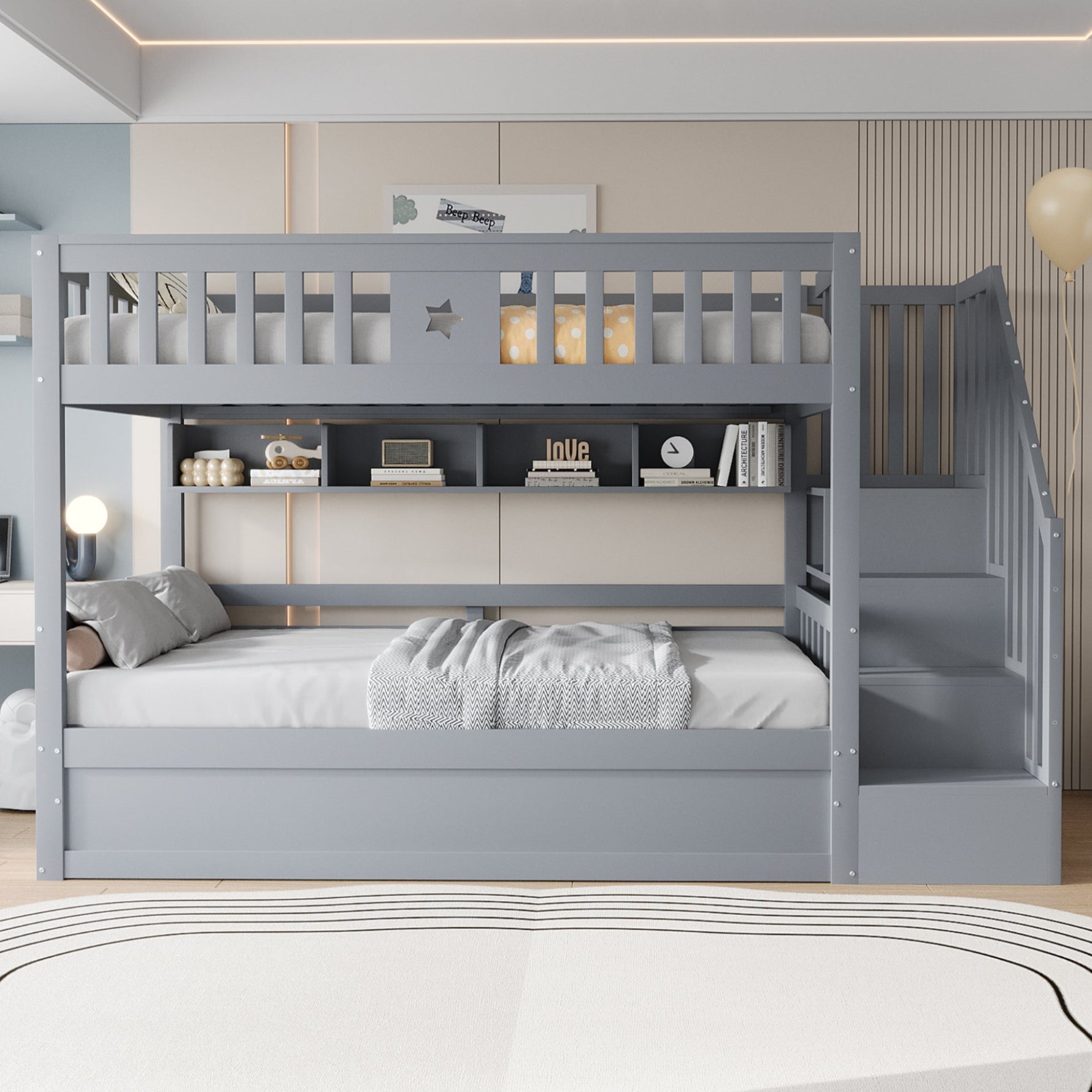 Wooden Bed 90x200cm Hydraulic Storage Stairs Shelves Loft Bunk Youth Bed, Grey