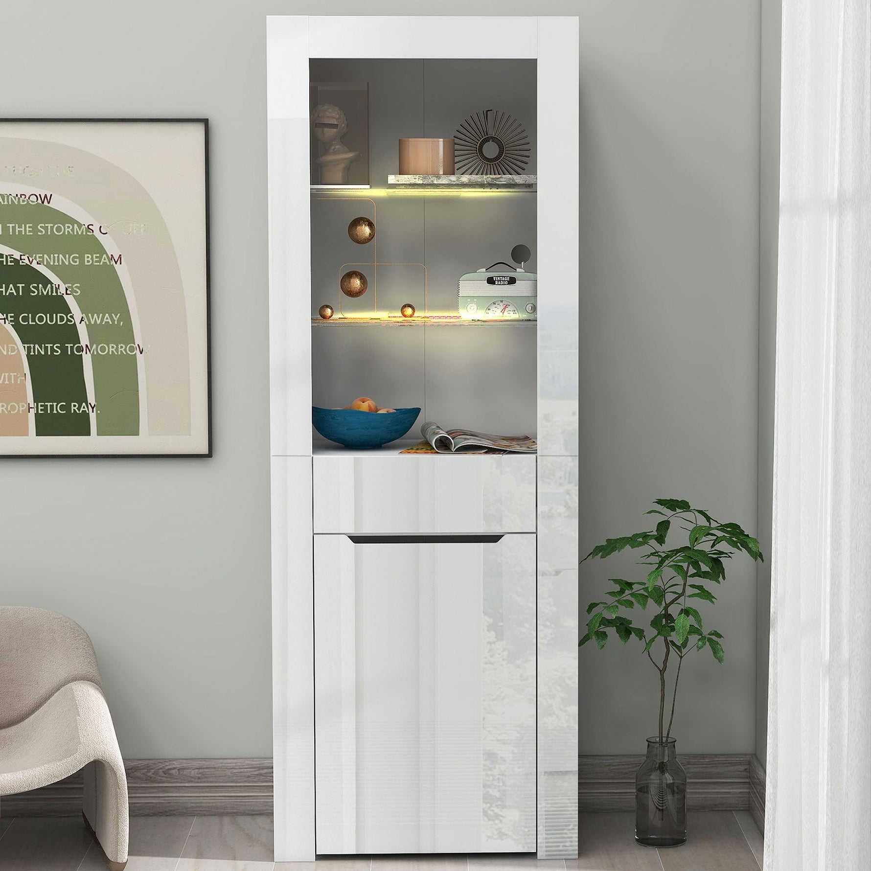Display Cabinet with App LED Lights and Shelves, White