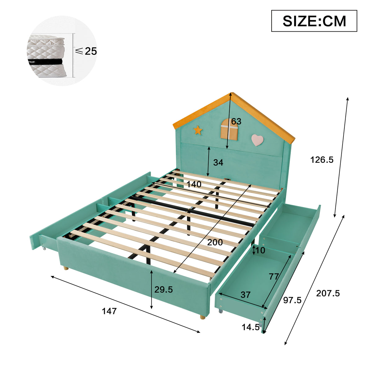 House Bed 140x200cm with 4 Drawers, Blue-Green Velvet