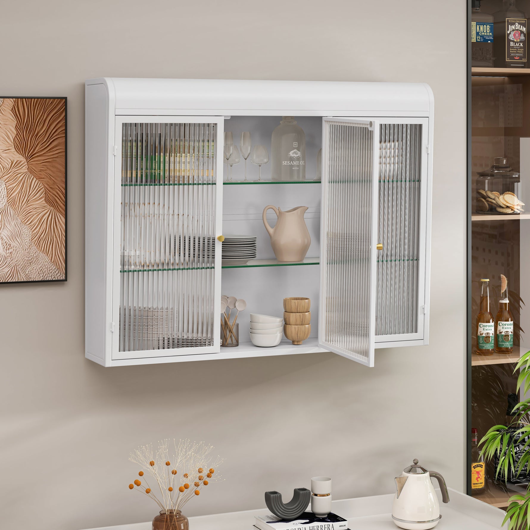 3 Door Arched Wall Mounted Cabinets for Kitchen, Living Room, Bathroom, White Glass