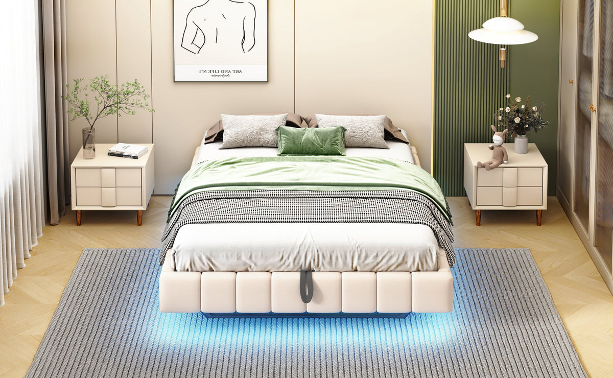 Upholstered Bed 140x200cm Floating Hydraulic Storage LED Light, Linen Beige