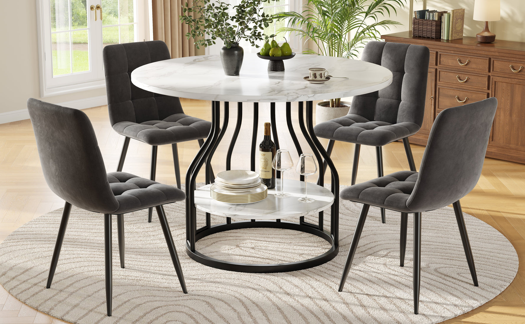Dining Set 5-Piece Round 80cm Marble Top 4 Chairs - Grey Velvet