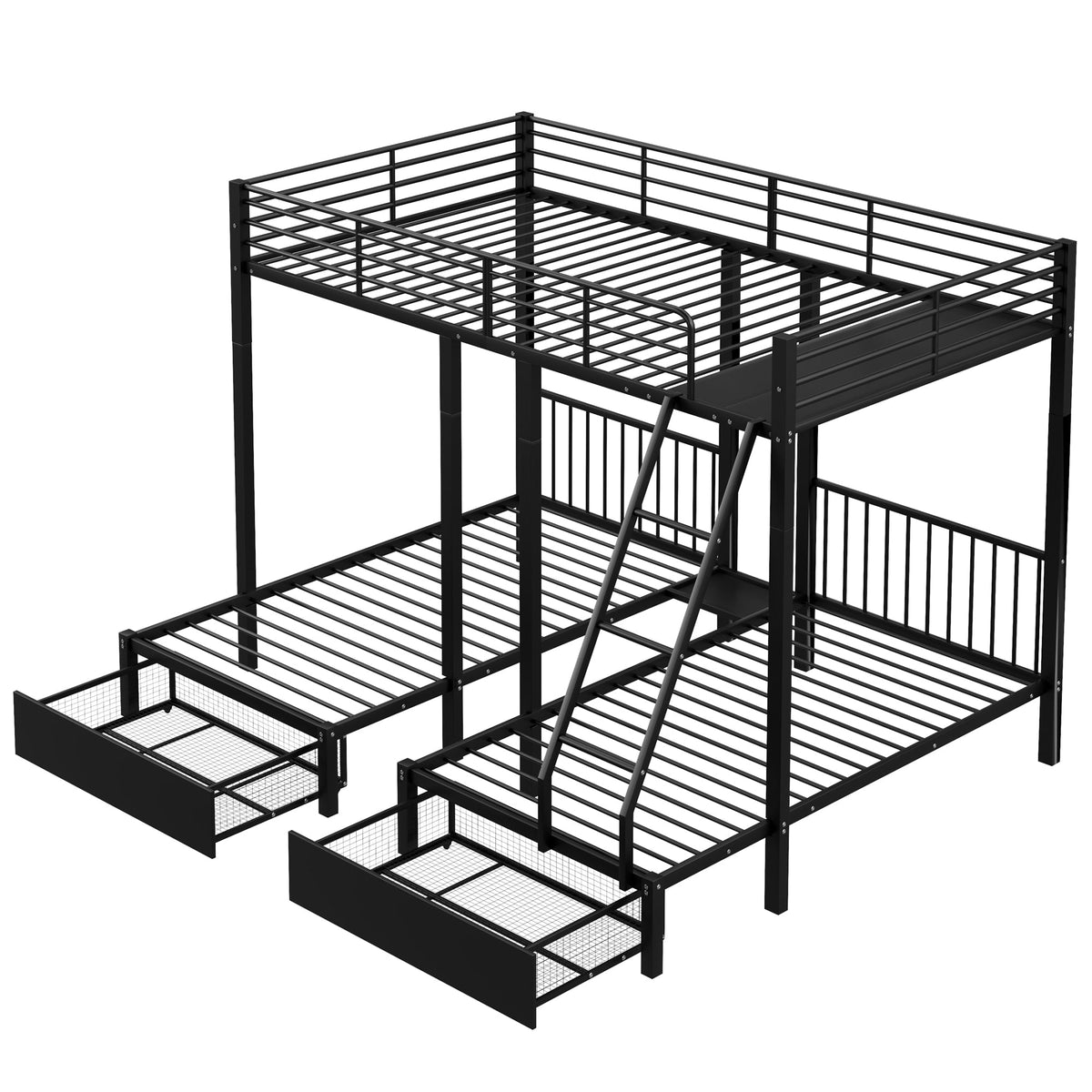 Triple Bunk Bed, Drawers, Convertible to Double & Two Single Beds, Metal, Black