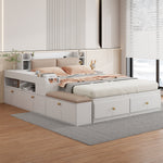Solid Wood Combination Bed 140x200cm, Storage Headboard, Drawers, Nightstand, Wardrobe, Sofa Bench, White