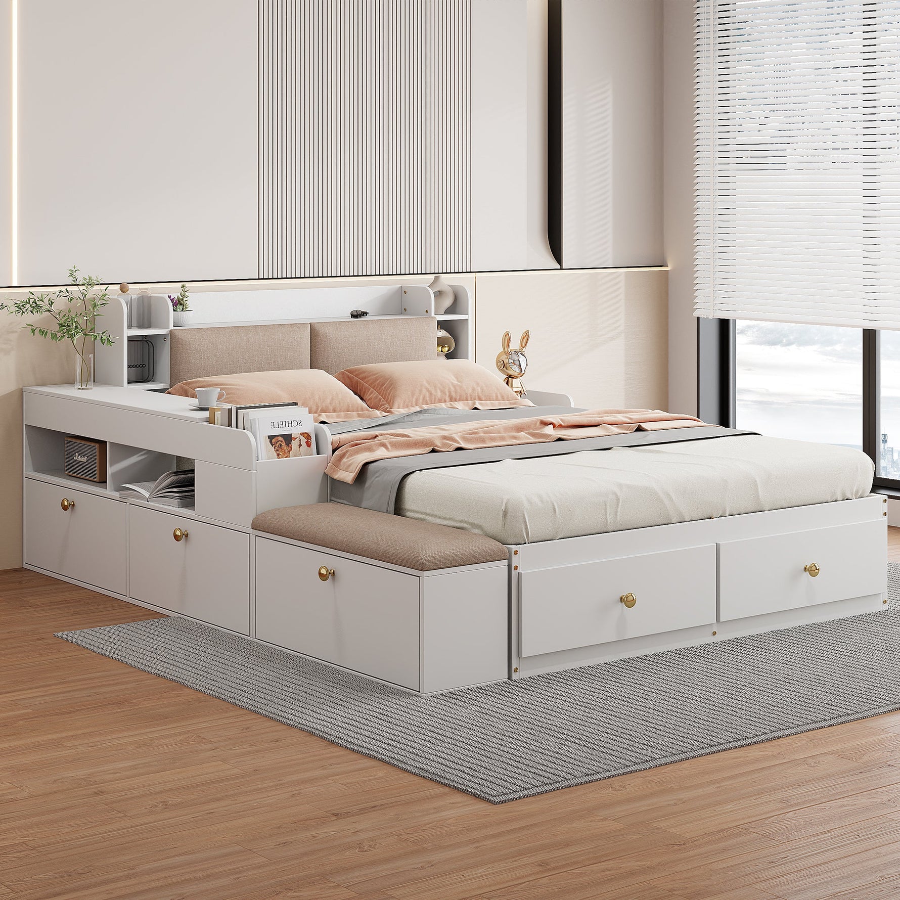 Solid Wood Combination Bed 140x200cm, Storage Headboard, Drawers, Nightstand, Wardrobe, Sofa Bench, White