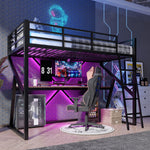 Loft Bed 90x200cm with Desk & LED Strip, Black Iron Frame