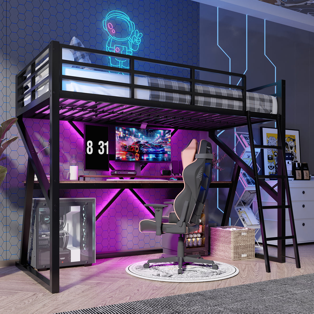 Loft Bed 90x200cm with Desk & LED Strip, Black Iron Frame