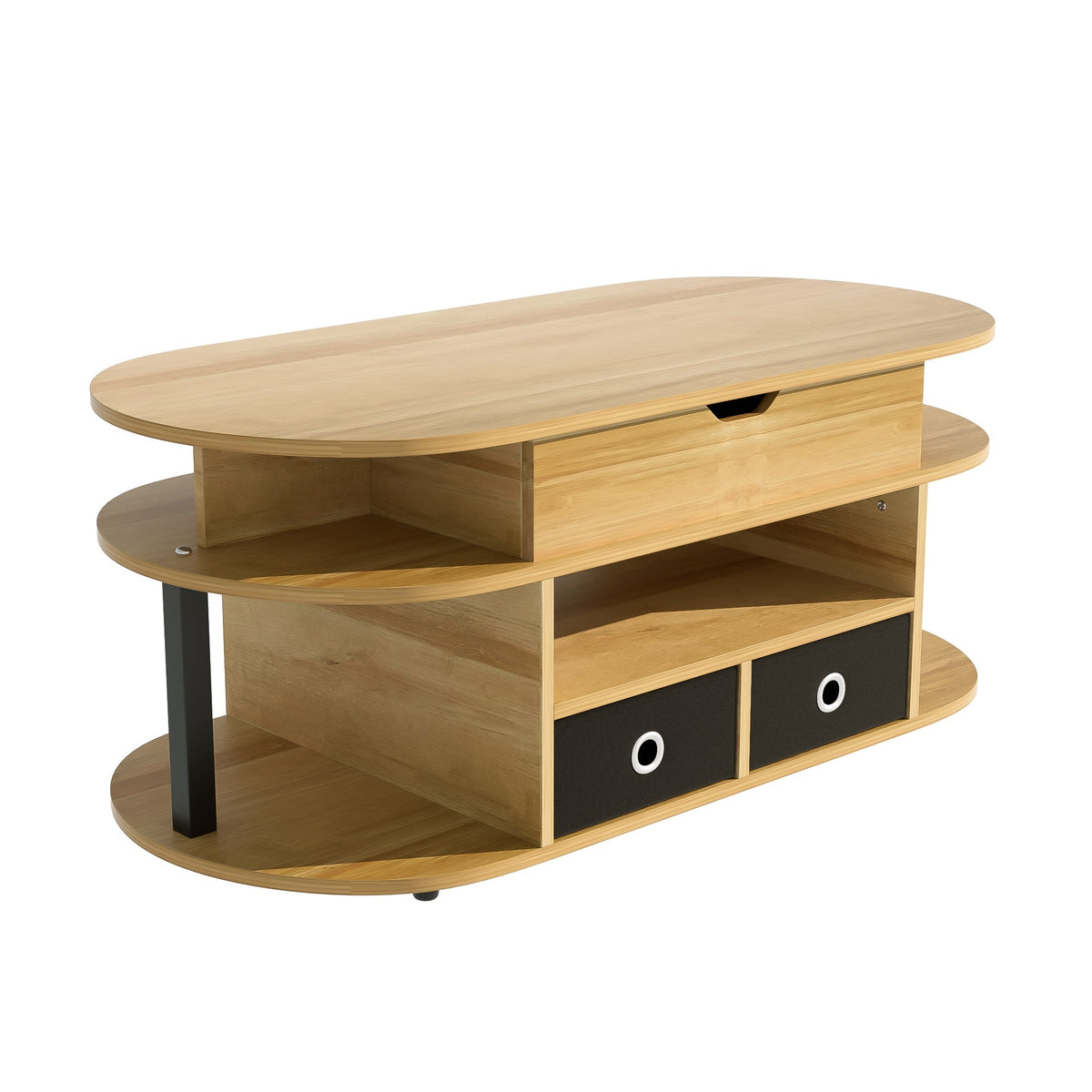 Modern Wood Grain Coffee Table with Lifting Function, Storage, and Black Fabric Drawers