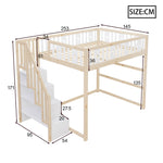 Children's Loft Bed 140x200 with Stairs Safety Railing Star & Moon Decor Solid Wood