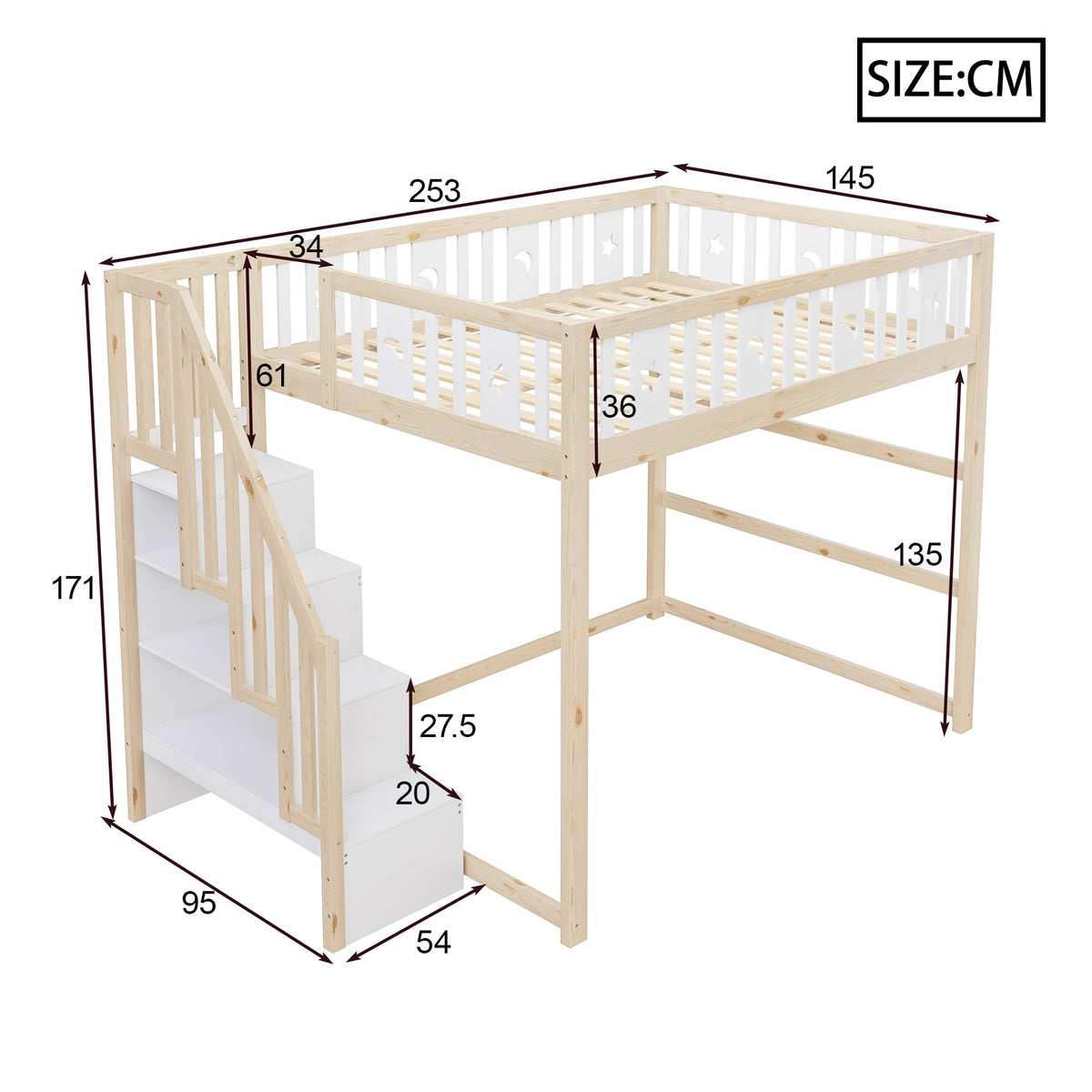 Children's Loft Bed 140x200 with Stairs Safety Railing Star & Moon Decor Solid Wood