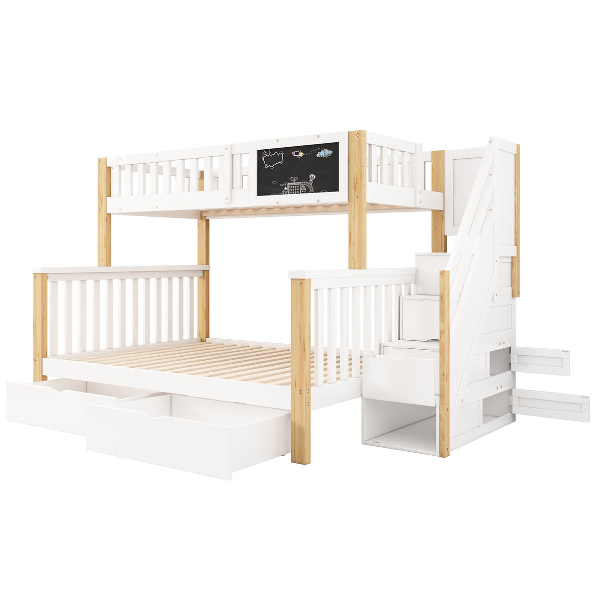Children's Bunk Bed Multifunctional Chalkboard Drawers 90x200/140x200 - White/Light Oak