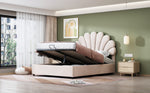 Upholstered Bed 140x200cm Floral Headboard Hydraulic Storage, Beige Velvet