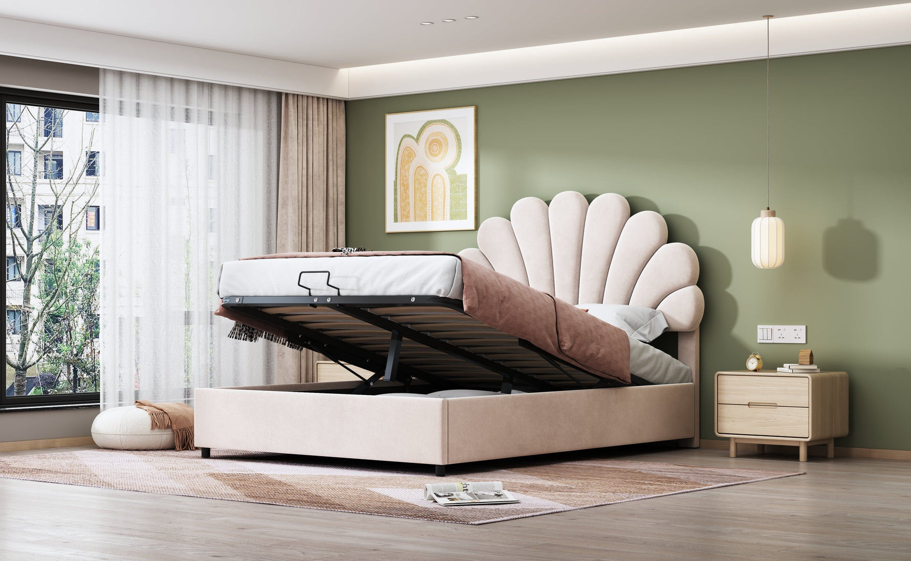 Upholstered Bed 140x200cm Floral Headboard Hydraulic Storage, Beige Velvet