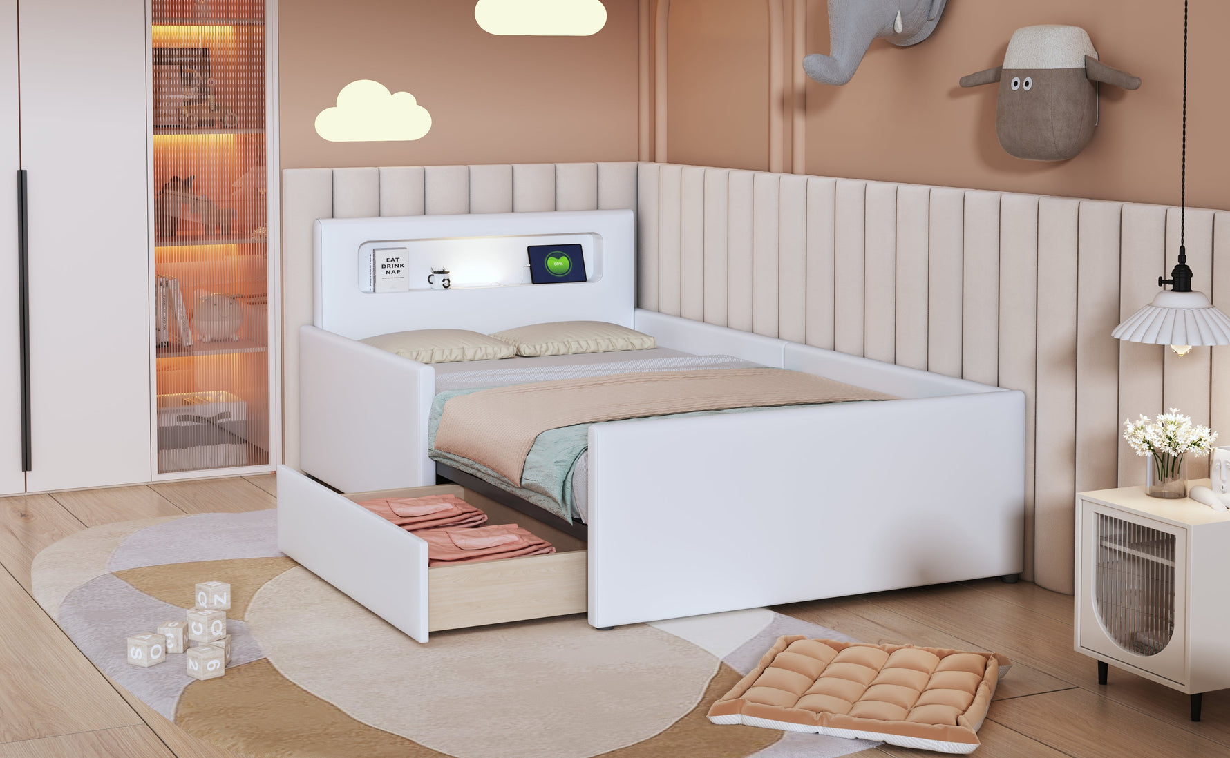 Upholstered Children's Bed 90x200cm Night Light USB Storage Faux Leather White