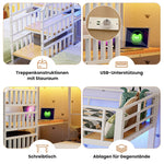 Bunk Bed with LED Lights, Integrated Storage Ladder, USB Ports and Desk, White