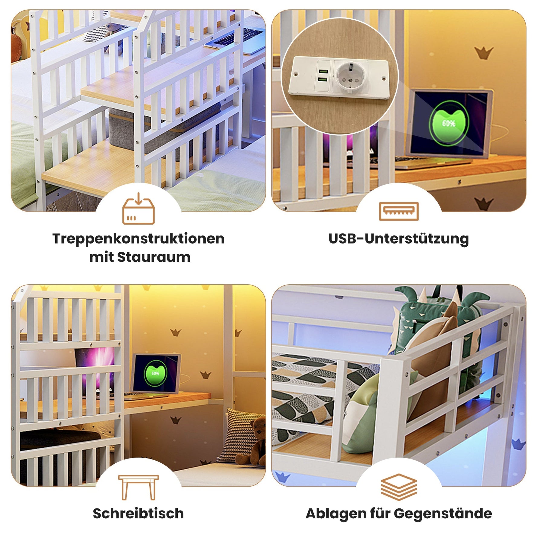 Bunk Bed with LED Lights, Integrated Storage Ladder, USB Ports and Desk, White
