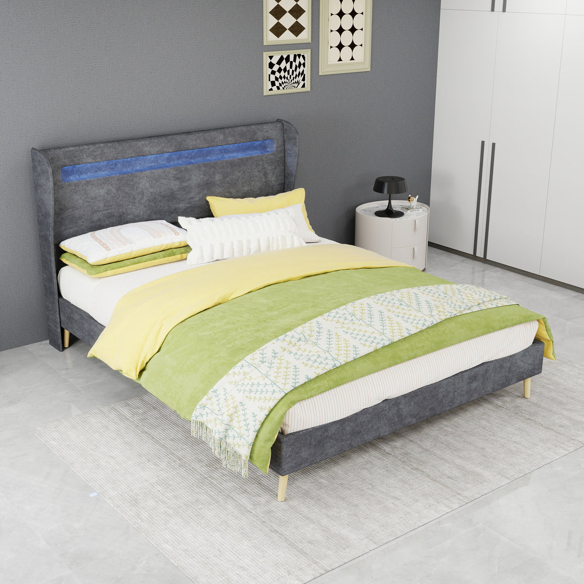 Modern Upholstered Bed 140x200cm with LED Headboard & Mattress, Grey