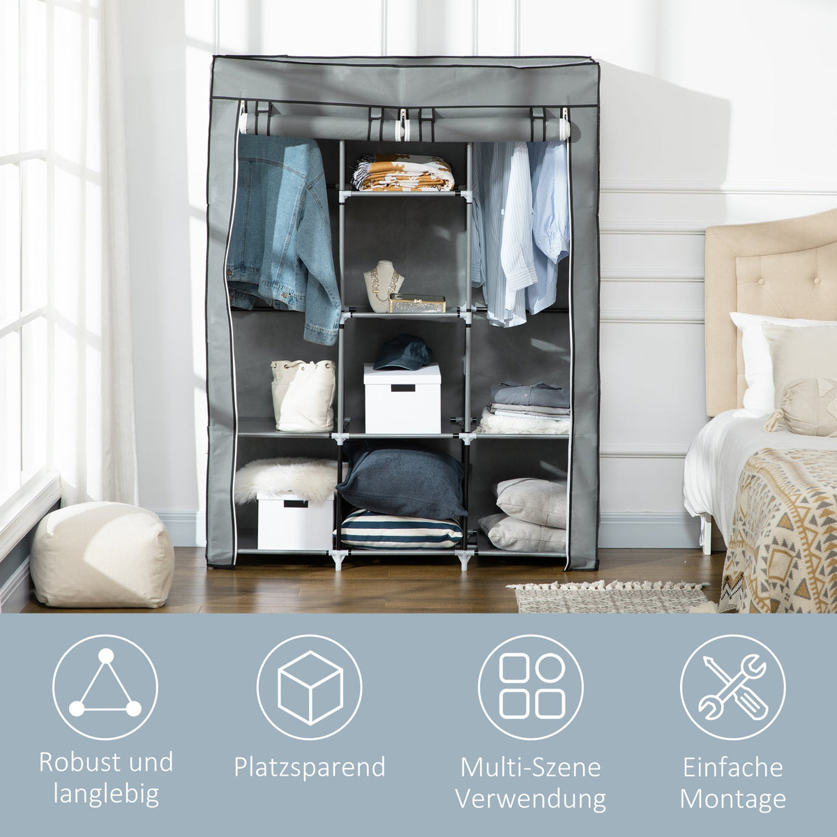 Fabric Wardrobe, Foldable Clothes Rails 8 Tiers, Light Grey