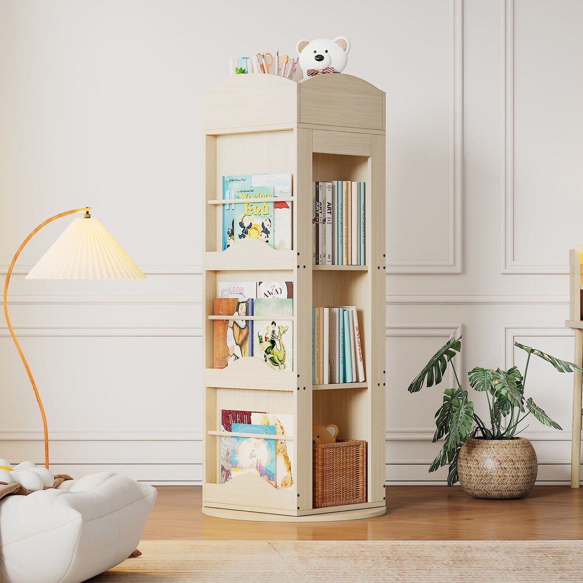 Rotating Bookshelf with 360-Degree Rotation and 4 Shelves, Wood