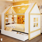 Children's House Bed 90x200 with 2 Drawers & LED, White & Natural