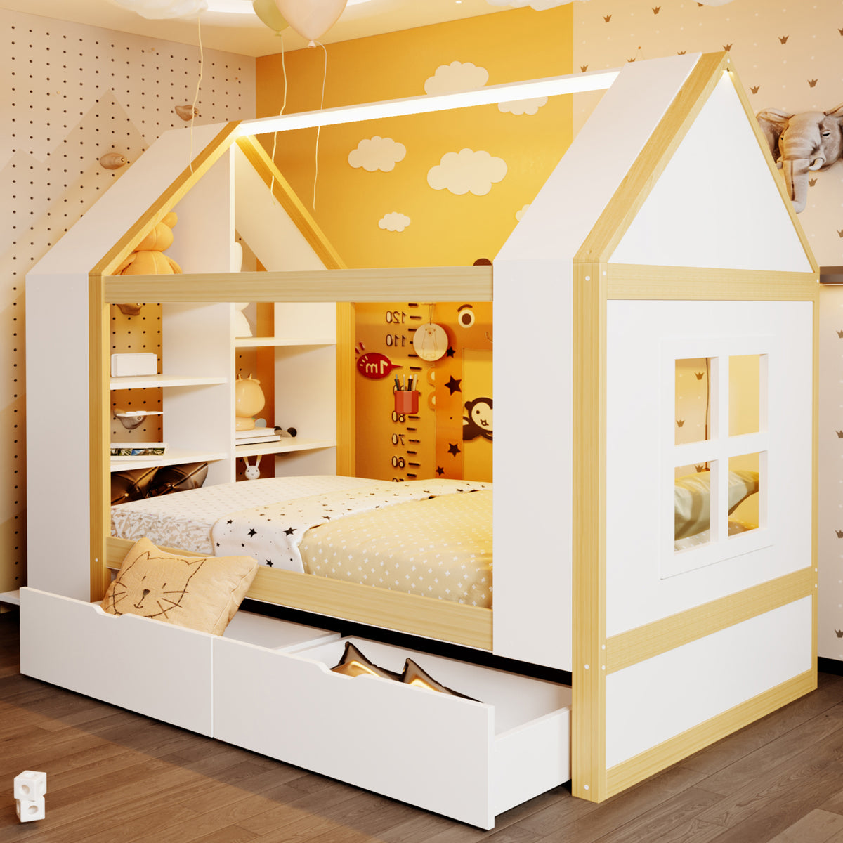 Children's House Bed 90x200 with 2 Drawers & LED, White & Natural