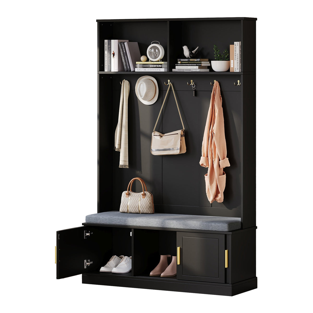 Coat rack with shoe bench wardrobe, 6 triple hooks, freestanding, space-saving, black