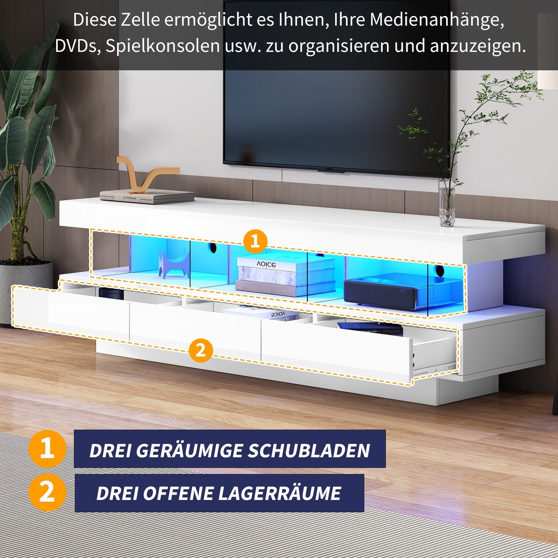 TV Cabinet, 160x38x50.5cm High-Gloss with Glass, LED, App Control, for 70-inch TVs, White