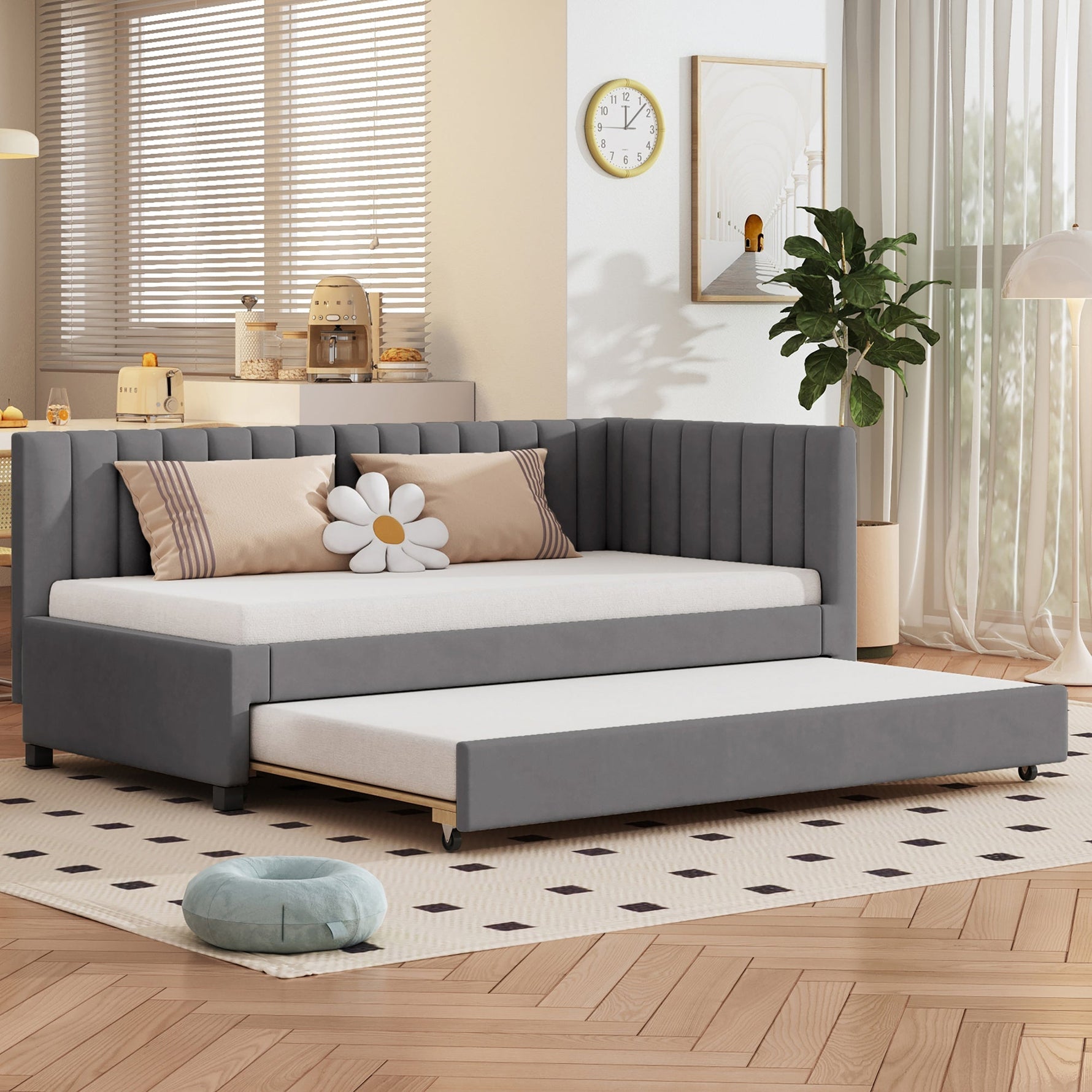 Upholstered Bed 90x200, Pull-Out Multifunctional Sofa Bed with Slatted Frame, Velvet Fabric Gray