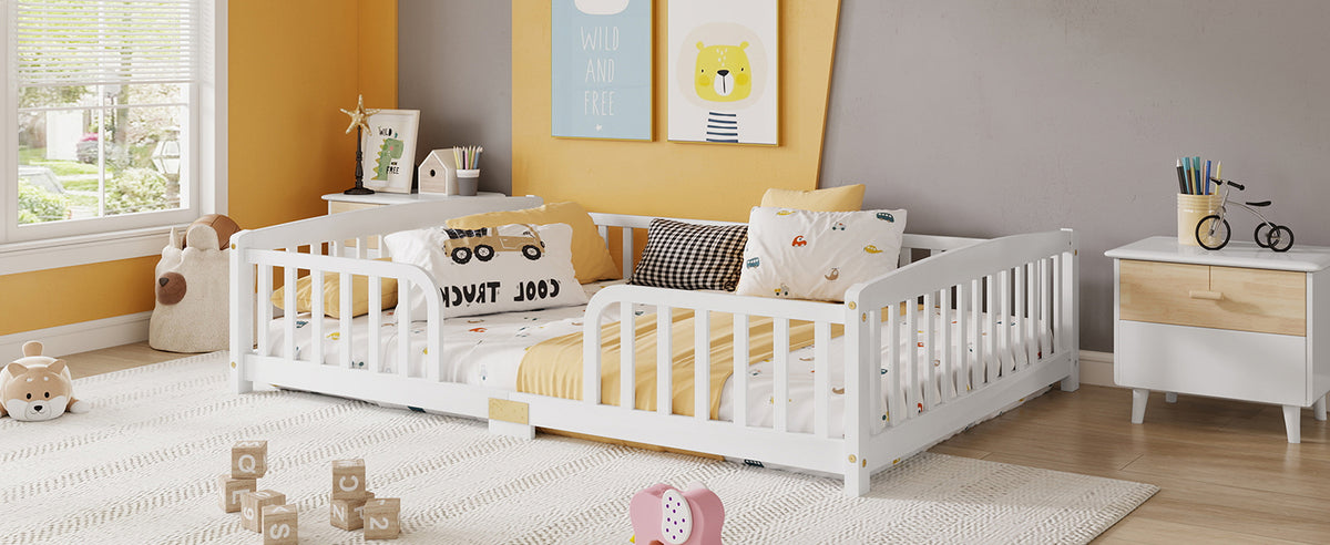 Floor Bed 140x200 cm with Safety Railings - Pine Wood, White