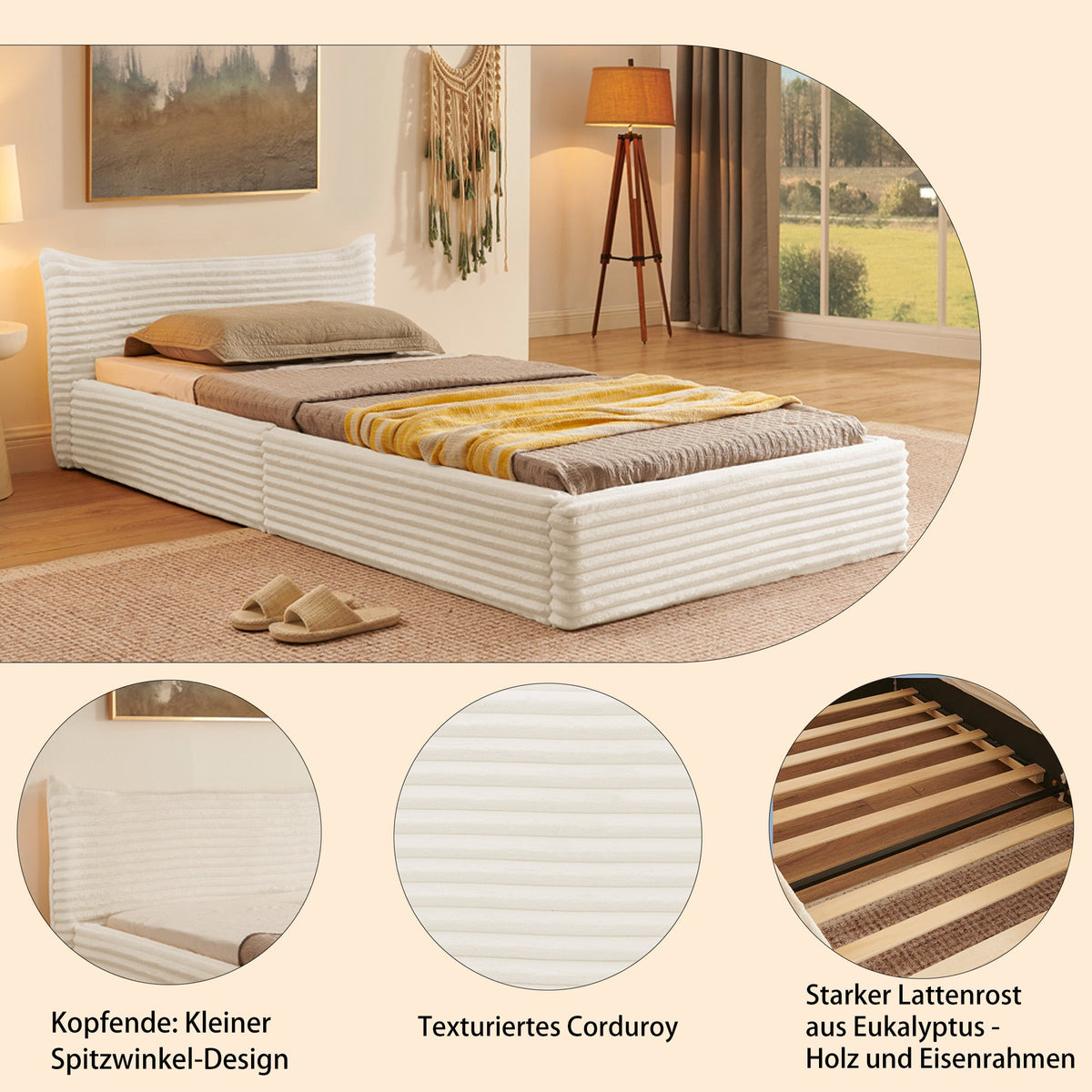 Single Bed 90x200cm, Eucalyptus Wood Frame, Corduroy Cover, Beige