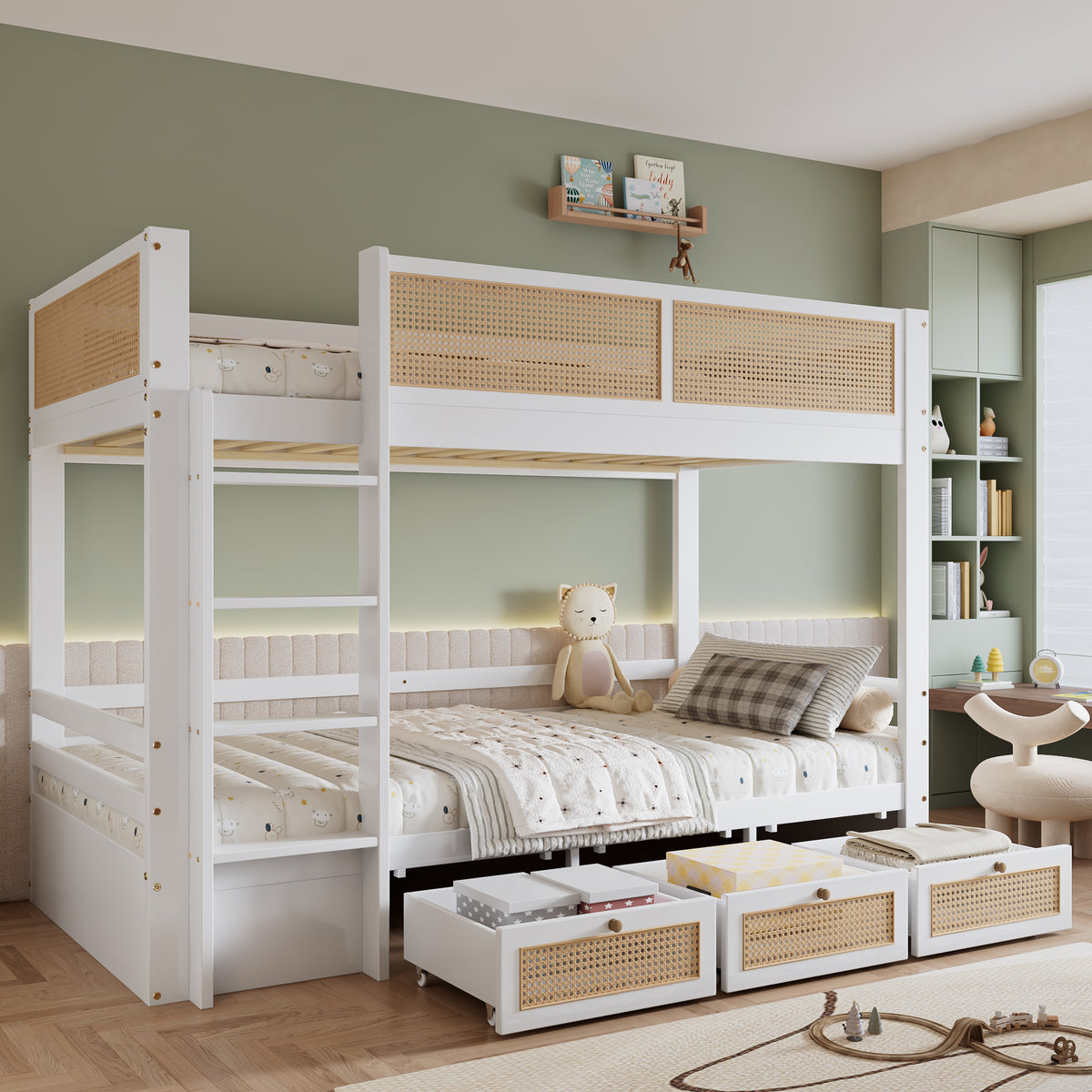 Children's Bunk Bed with 3 Drawers & Rattan Railing, White Pine Wood